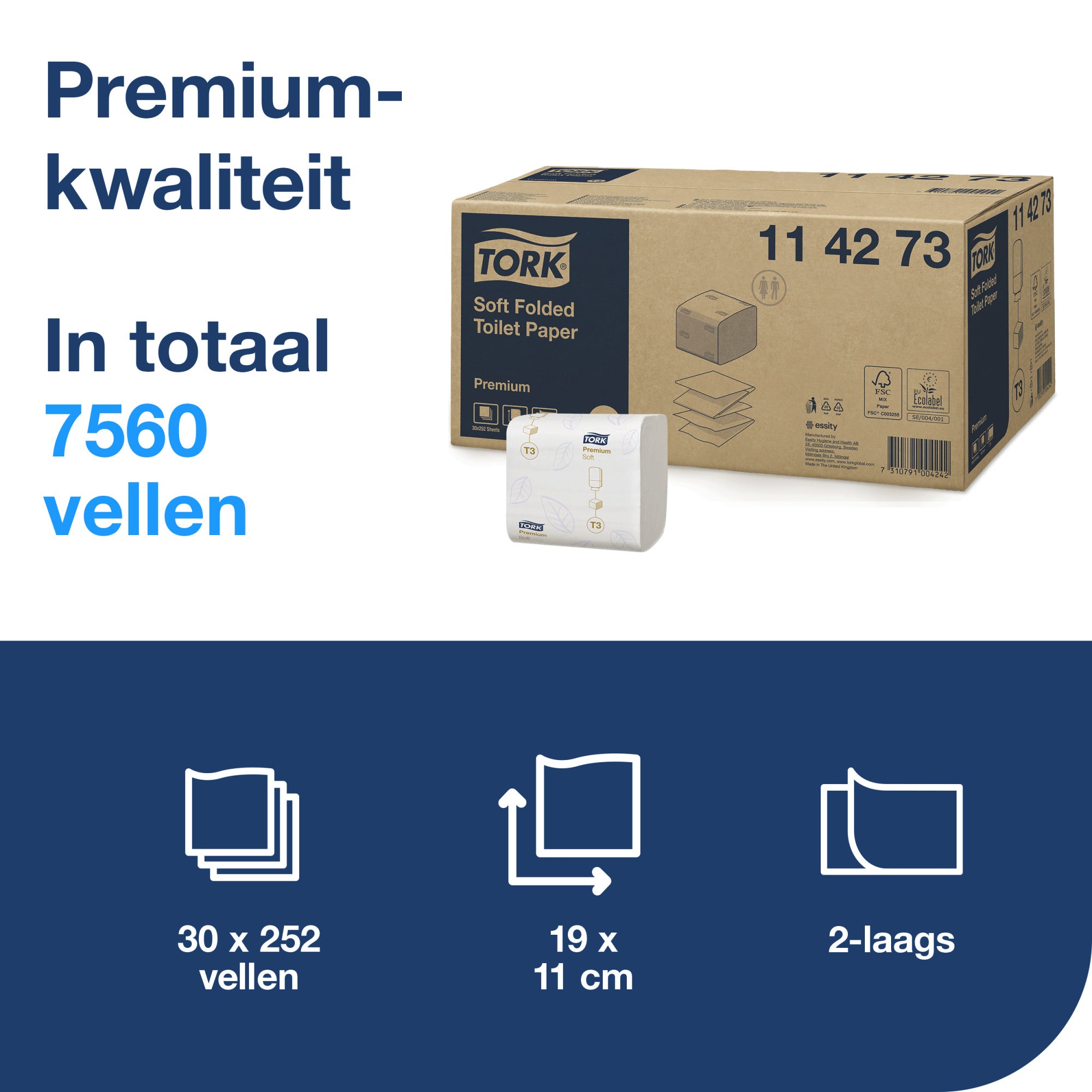 Tork Zacht Gevouwen Toiletpapier Premium 2-laags - 30 Bundels x 252 Vel T3 (114273)