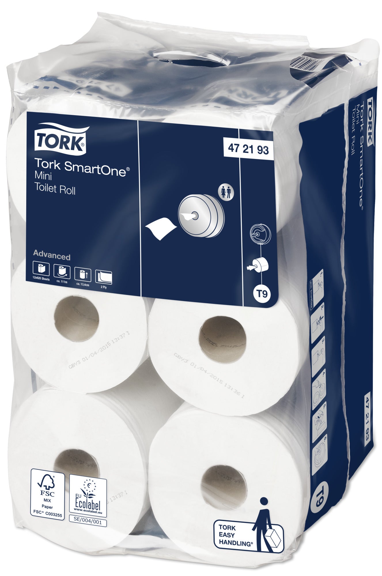 Tork SmartOne® Mini Toiletpapier 2-laags - 12 Rollen x 620 Vel T9 (472193)