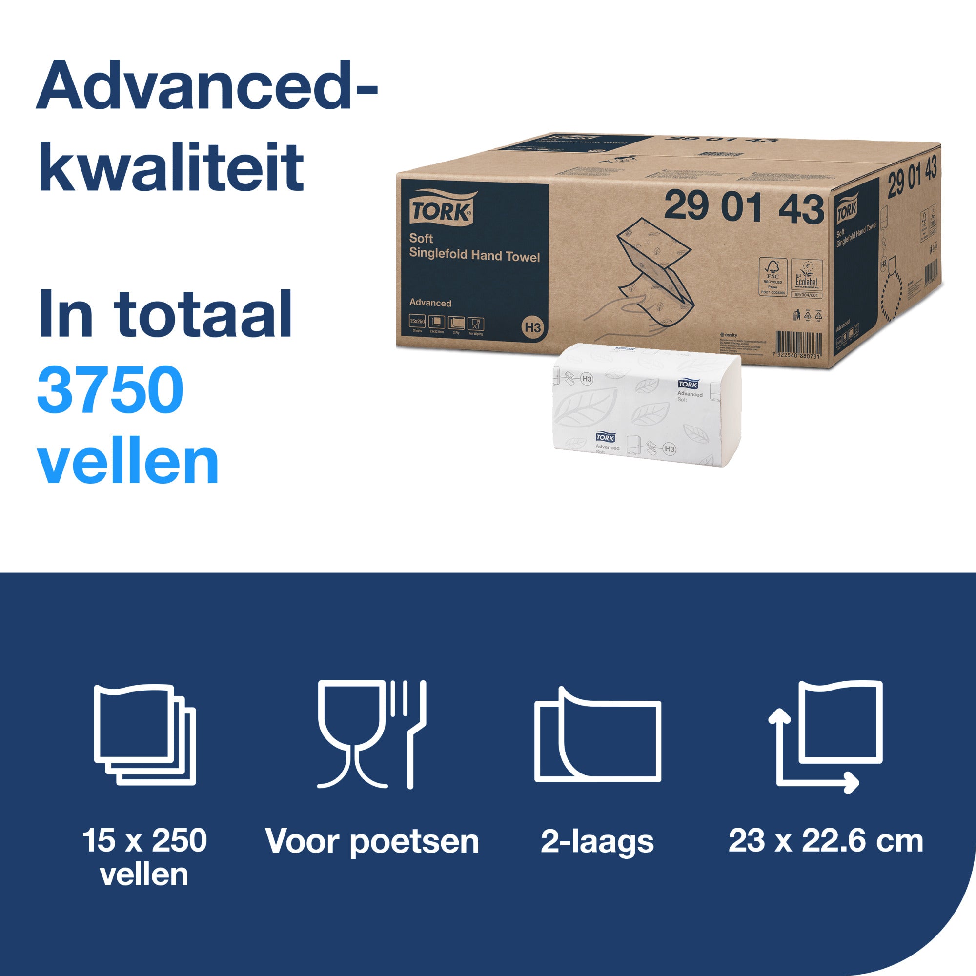 Tork Z-Vouw Handdoek 2-laags 23x23cm 3750 stuks H3 (290143)