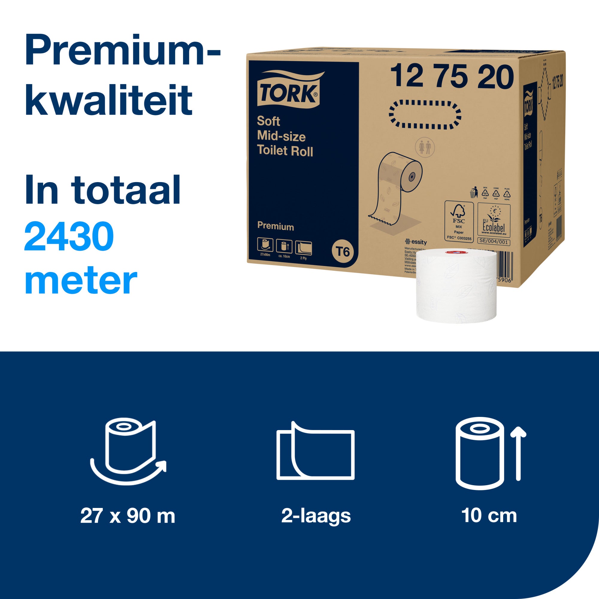 Tork Mid-size Toiletpapier Premium 2-laags - 27 Rollen x 90 Meter T6 (127520)