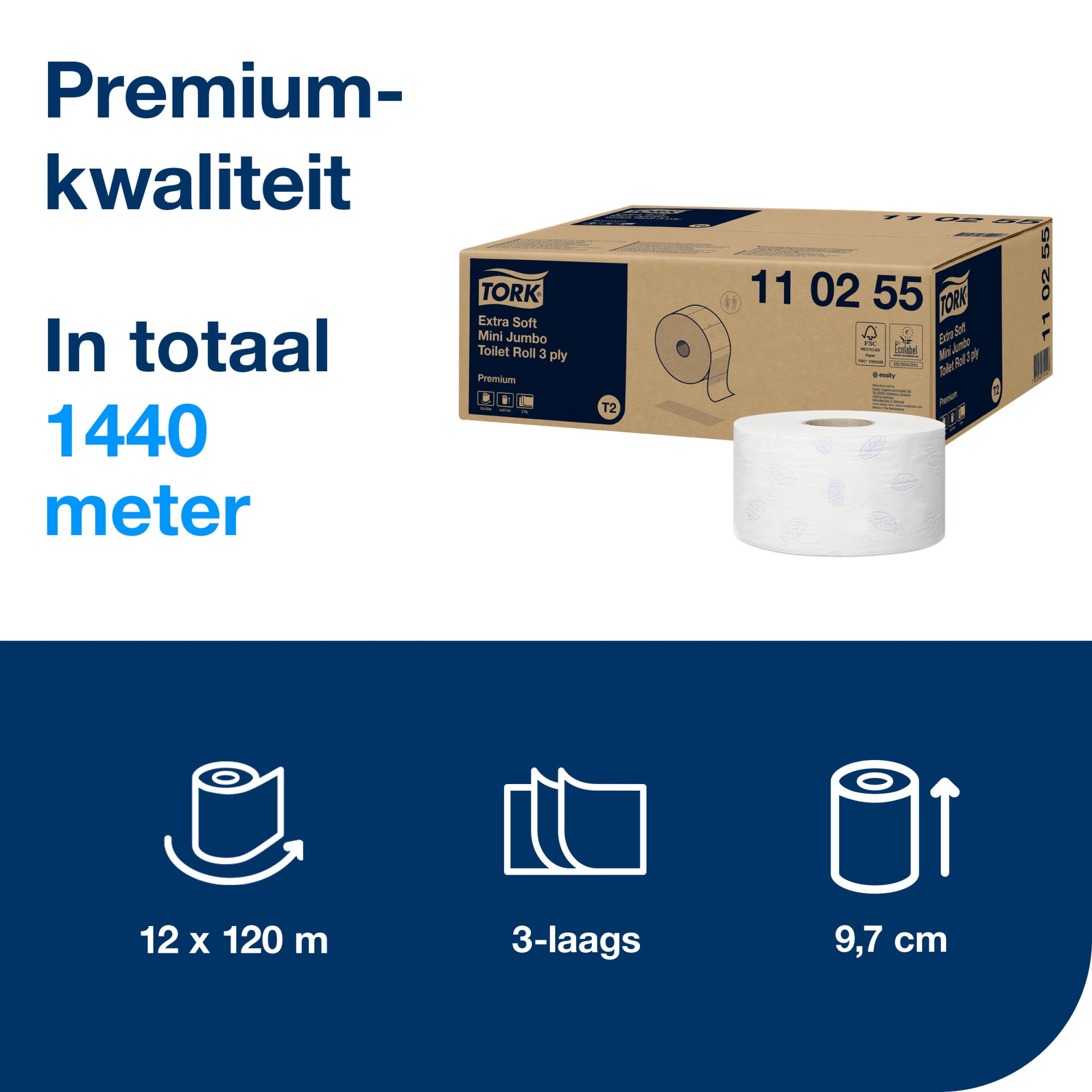 Tork Extra Zacht Mini Jumbo Toiletpapier Premium 3-laags - 12 Rollen x 120 Meter T2 (110255)
