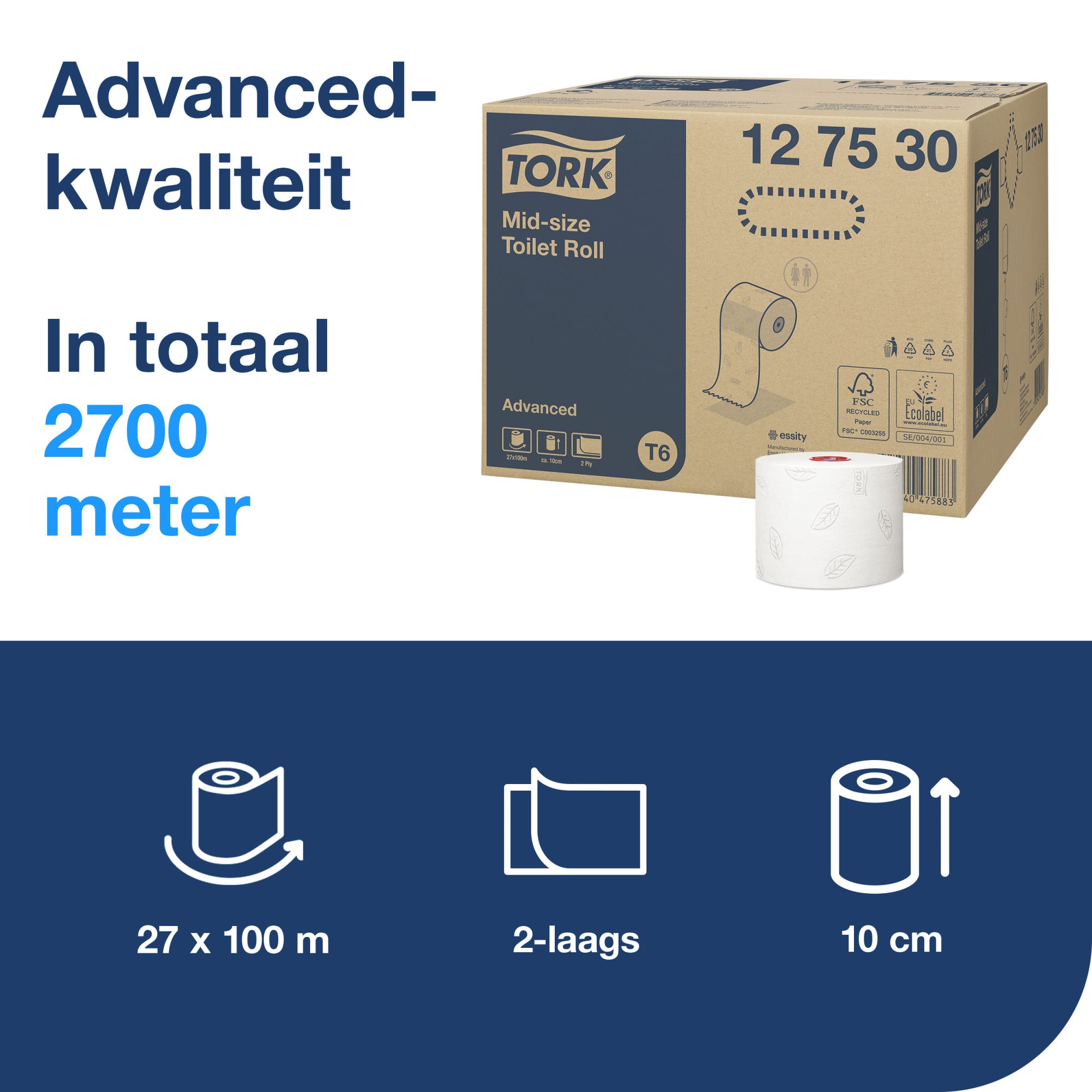 Tork Mid-size Toiletpapier Advanced 2-laags - 27 Rollen x 100 Meter T6 (127530)