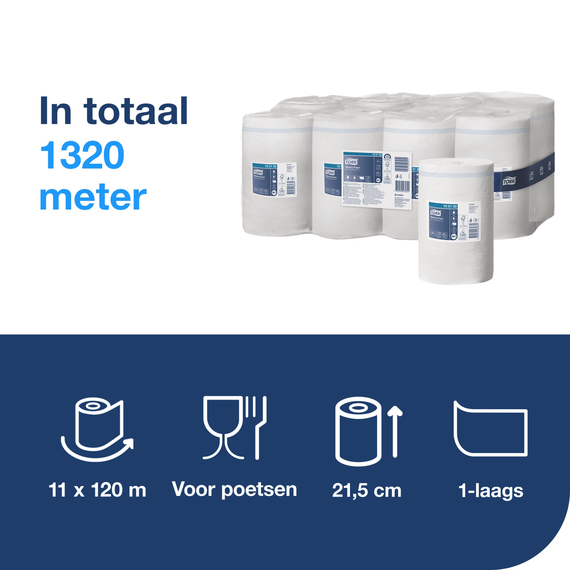 Tork Wiping Poetspapier Mini 1-laags - 11 Rollen x 120 Meter M1 (100130)