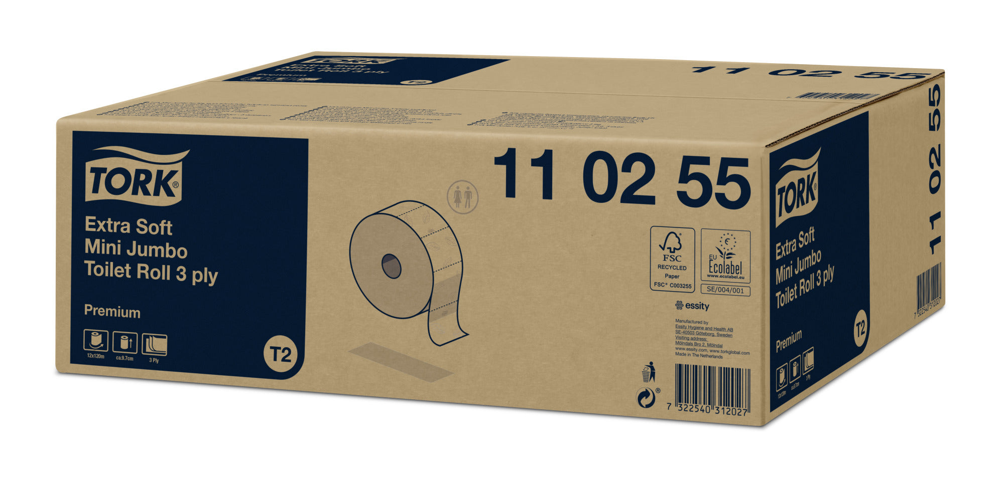 Tork Extra Zacht Mini Jumbo Toiletpapier Premium 3-laags - 12 Rollen x 120 Meter T2 (110255)