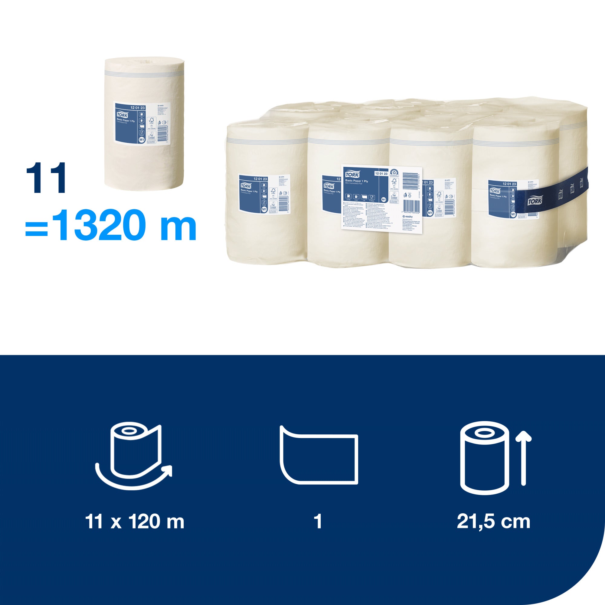 Tork Basic Mini Centerfeed Poetspapier 1-laags - 11 Rollen x 120 Meter M1 (120123)