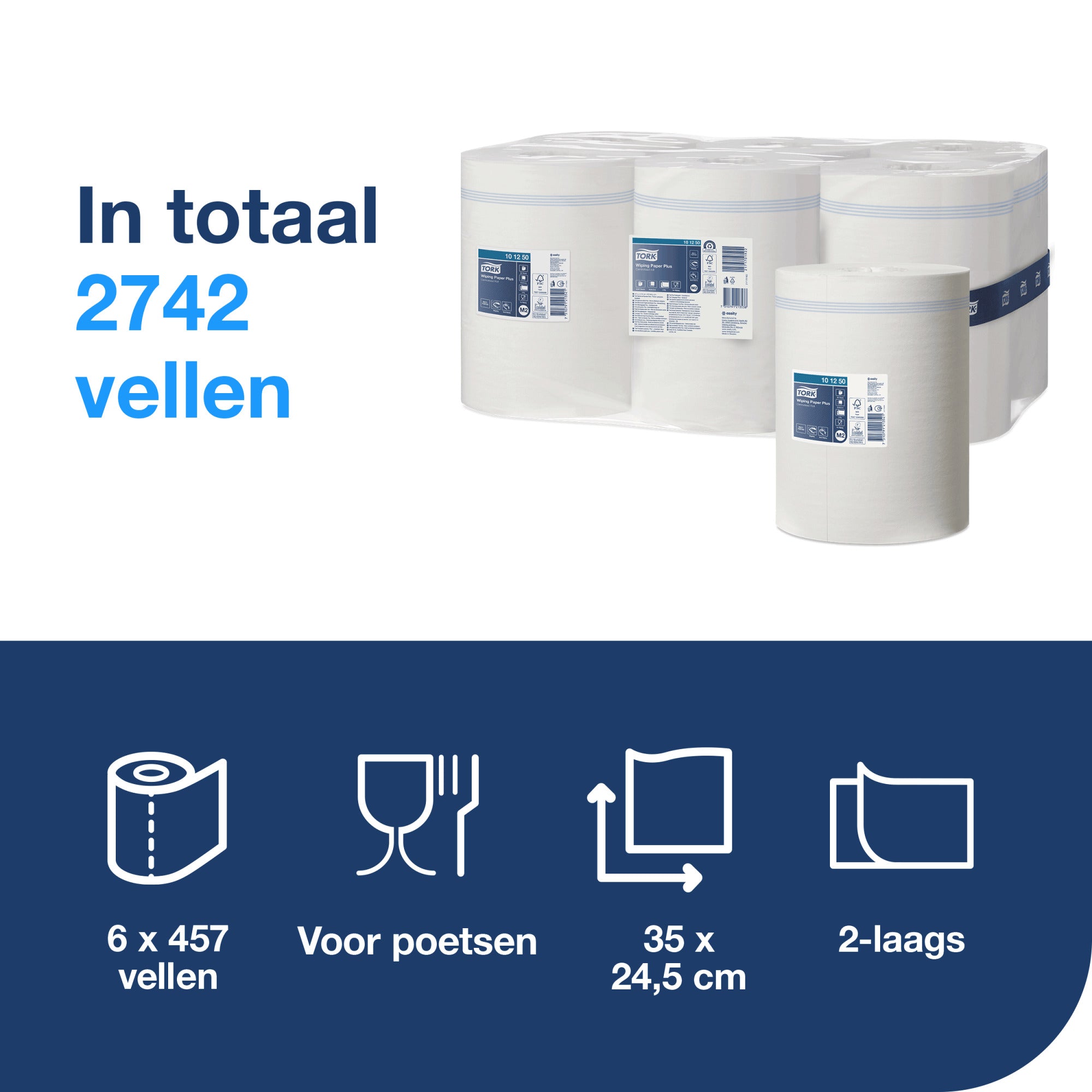 Tork Wiping Plus Poetspapier Midi 2-laags - 6 Rollen x 160 Meter M2 (101250)