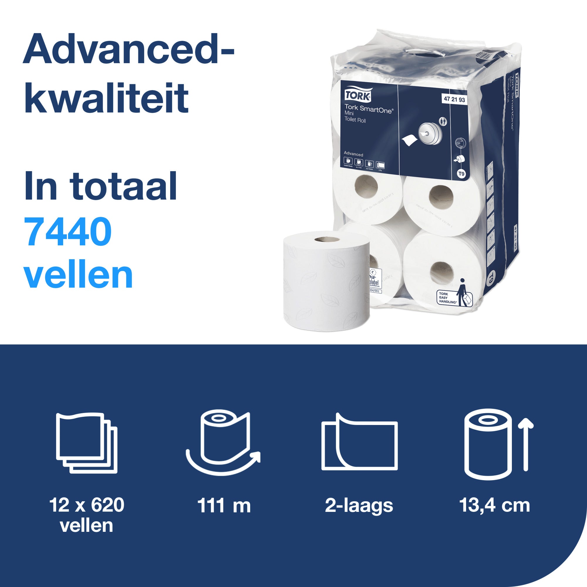 Tork SmartOne® Mini Toiletpapier 2-laags - 12 Rollen x 620 Vel T9 (472193)