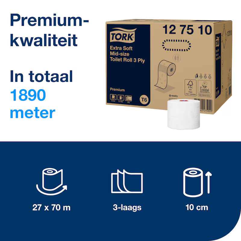 Tork Mid-size Toiletpapier Premium 3-laags - 27 Rollen x 70 Meter T6 (127510)
