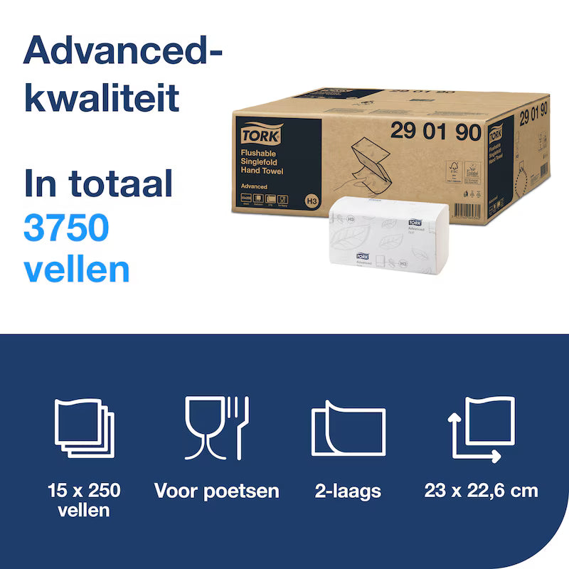 Tork Z-Vouw Handdoek Flushable 2-laags 23x23cm 3750 stuks H3 (290190)