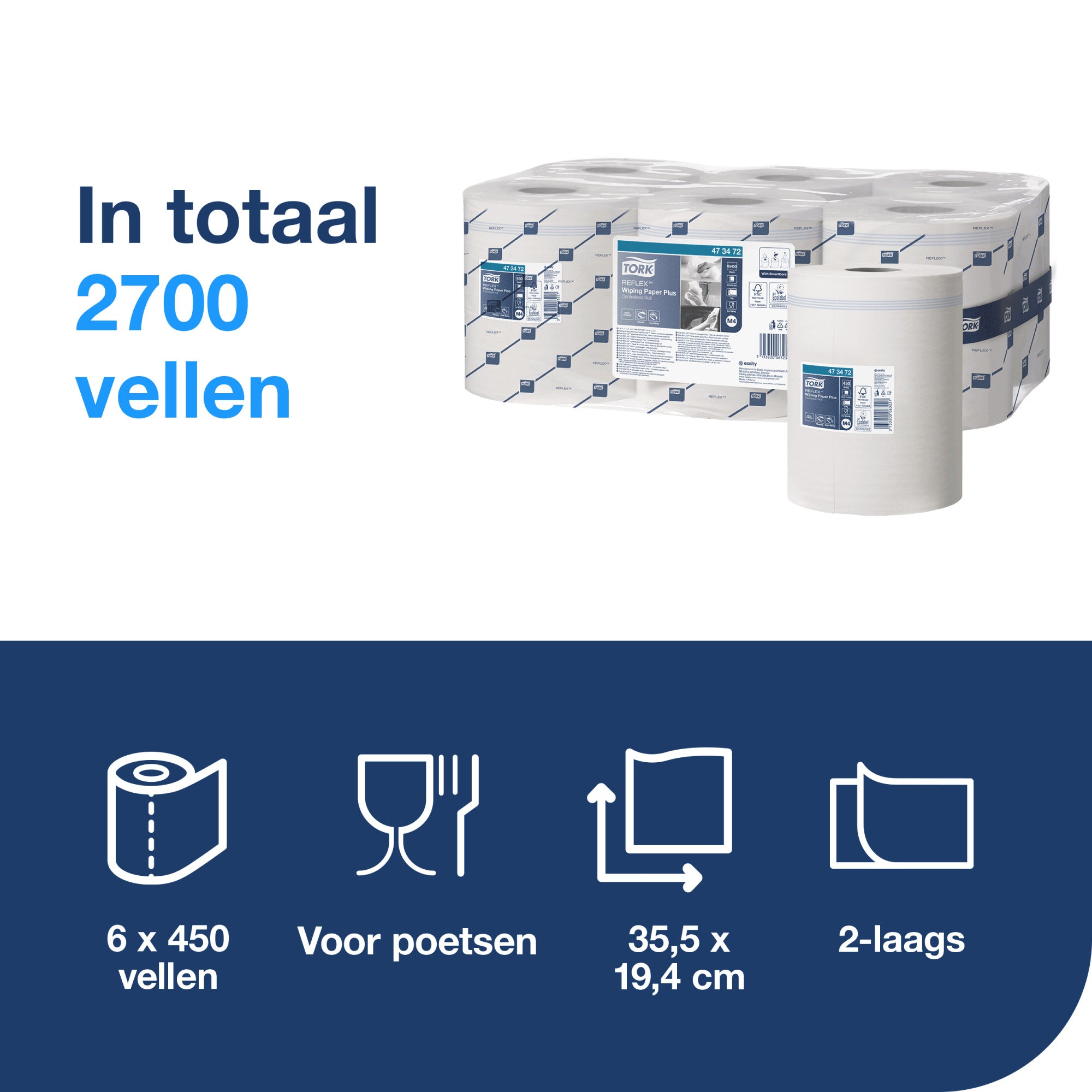 Tork Reflex™ Plus Centerfeed Poetspapier 2-laags - 6 Rollen x 150 Meter M4 (473472)