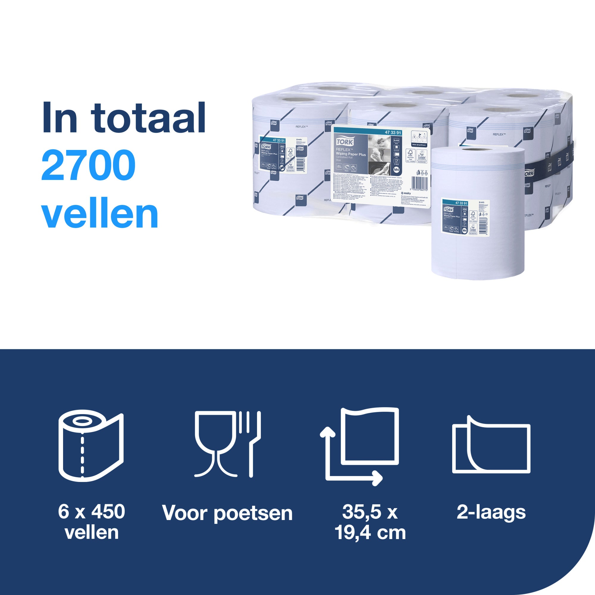 Tork Reflex™ Plus Centerfeed Poetspapier 2-laags - 6 Rollen x 150 Meter M4 (473391)