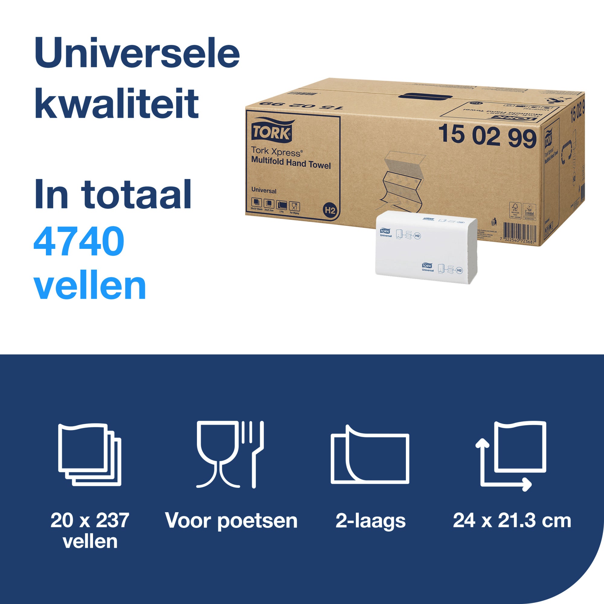 Tork Xpress® Multifold Handdoek 2-laags 21x24cm 4740 stuks H2 (150299)