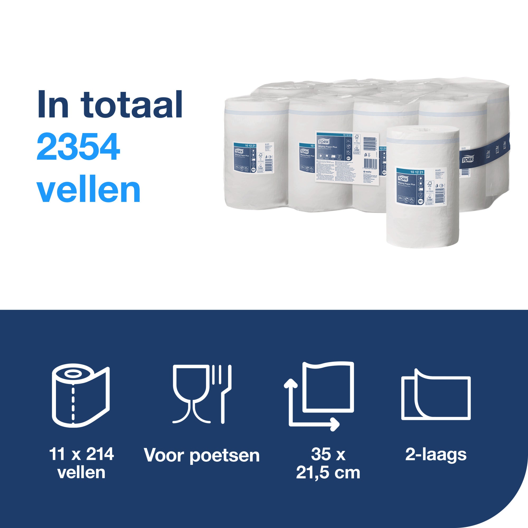 Tork Wiping Plus Poetspapier Mini 2-laags - 11 Rollen x 75 Meter M1 (101221)